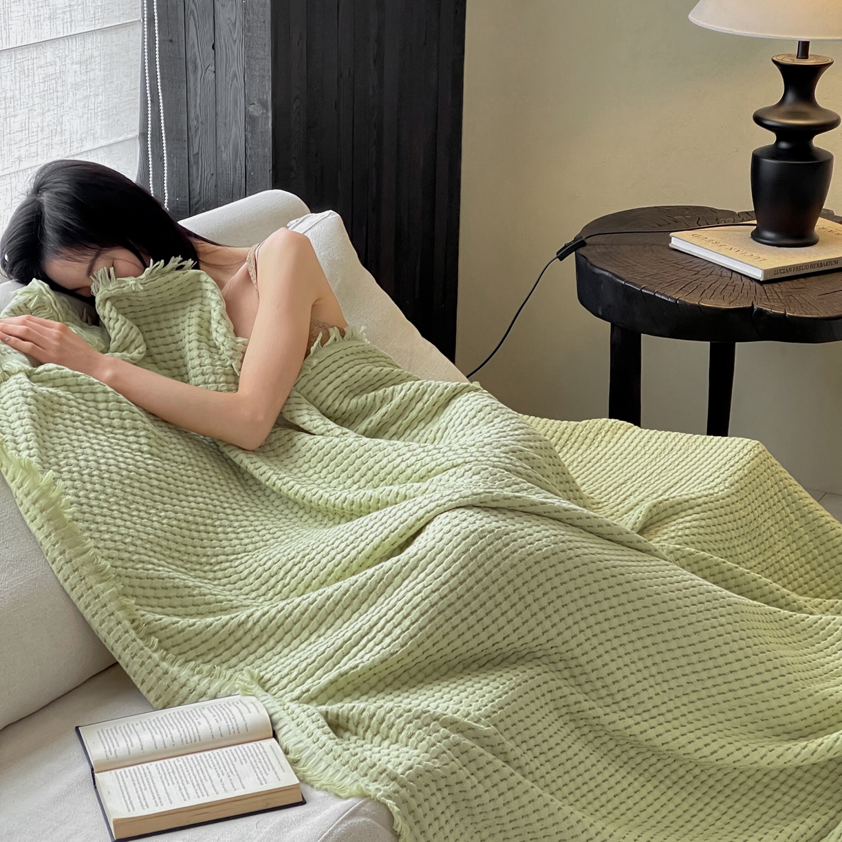 91家纺网 家纺一手货源 找家纺 例外 2026春夏新款华夫格流苏毯毯子多功能盖毯（会员-5） 嫩芽绿