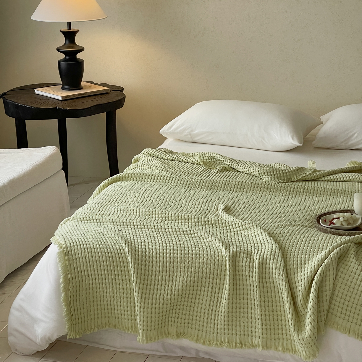 91家纺网 家纺一手货源 找家纺 例外 2026春夏新款华夫格流苏毯毯子多功能盖毯（会员-5） 嫩芽绿