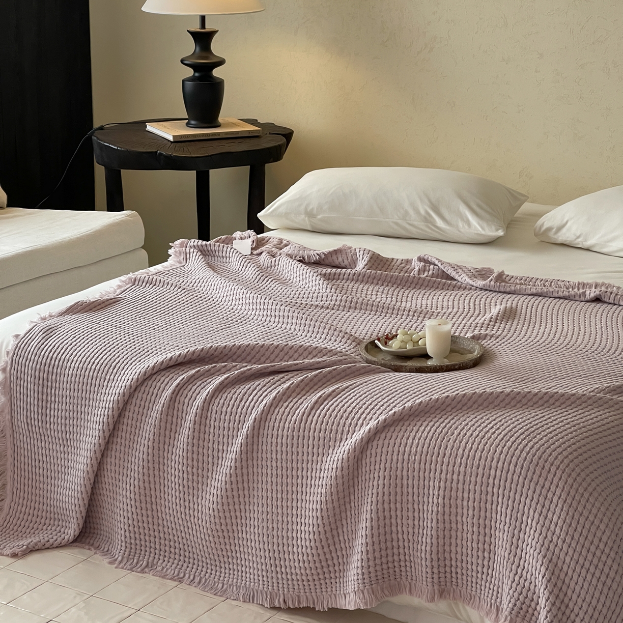 91家纺网 家纺一手货源 找家纺 例外 2026春夏新款华夫格流苏毯毯子多功能盖毯（会员-5） 秋月紫