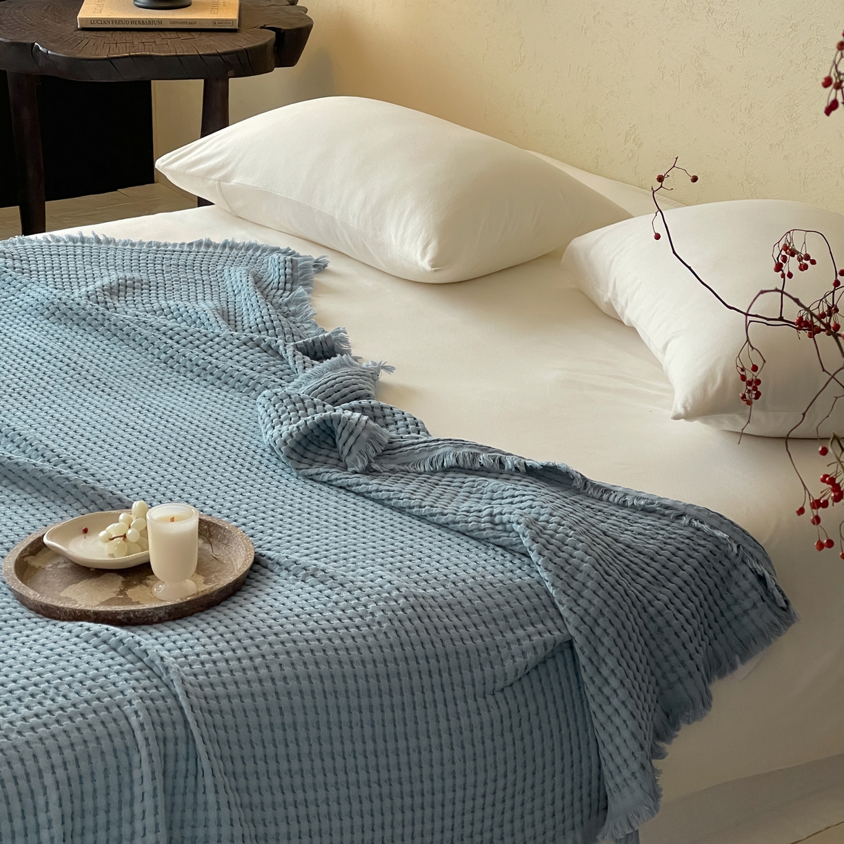 91家纺网 家纺一手货源 找家纺 例外 2026春夏新款华夫格流苏毯毯子多功能盖毯（会员-5） 皓月蓝