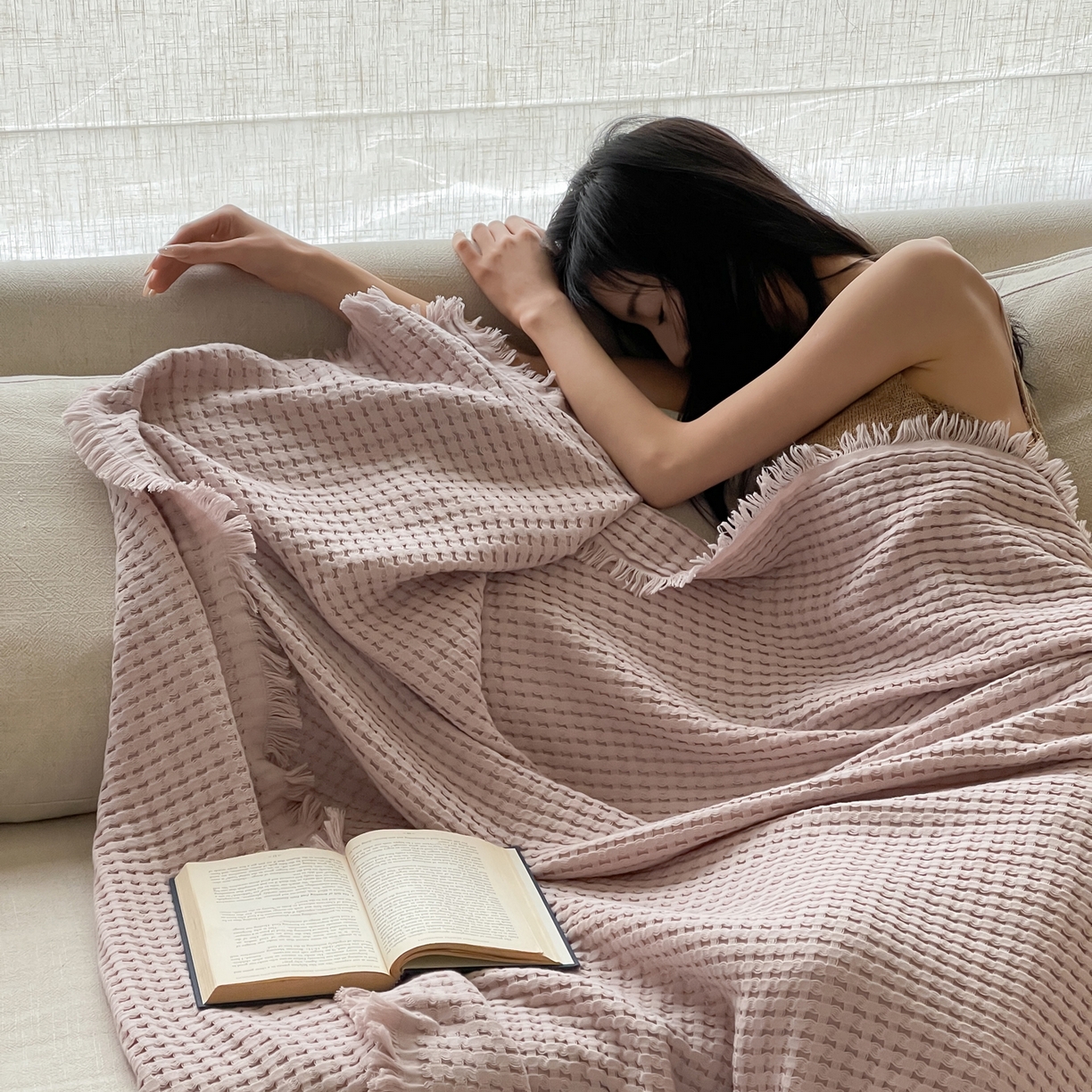 91家纺网 家纺一手货源 找家纺 例外 2026春夏新款华夫格流苏毯毯子多功能盖毯（会员-5） 秋月紫