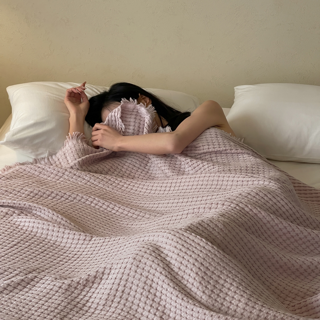 91家纺网 家纺一手货源 找家纺 例外 2026春夏新款华夫格流苏毯毯子多功能盖毯（会员-5） 秋月紫