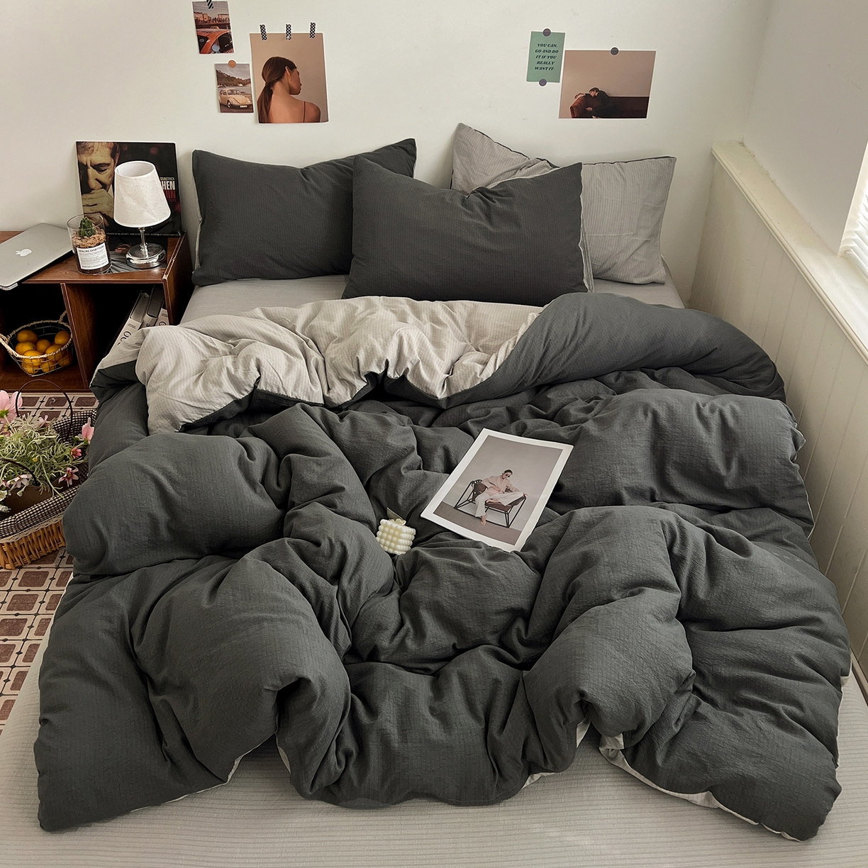 91家纺网 家纺一手货源 找家纺 （总）花伞家居 2026新款简约纯色双拼双层纱高克重水洗棉四件套