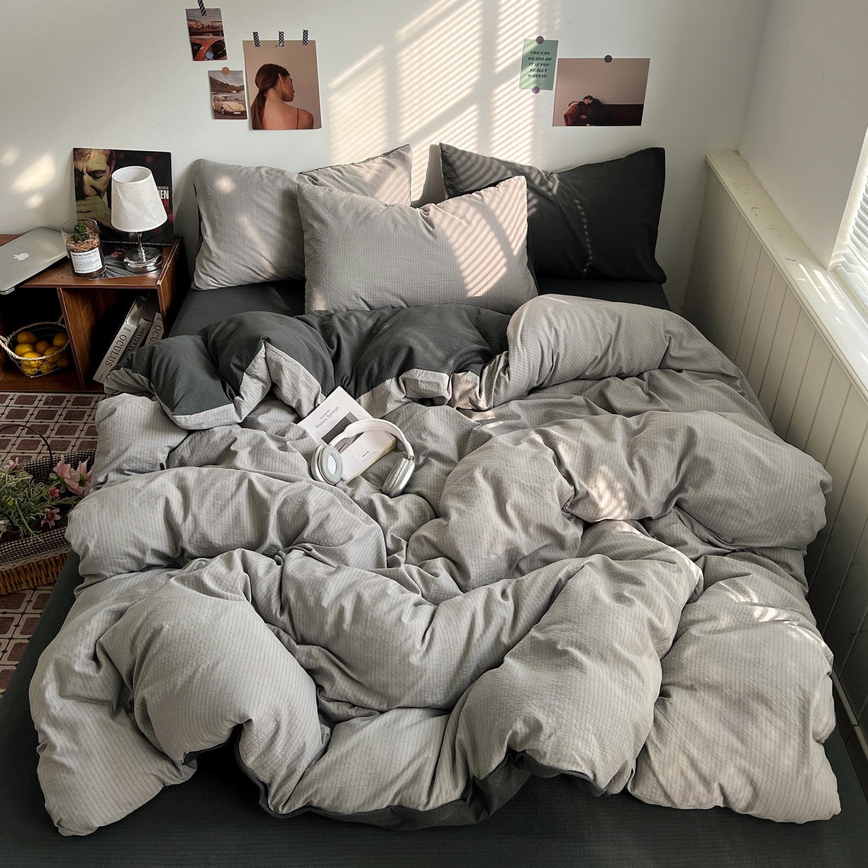 91家纺网 家纺一手货源 找家纺 （总）花伞家居 2026新款简约纯色双拼双层纱高克重水洗棉四件套