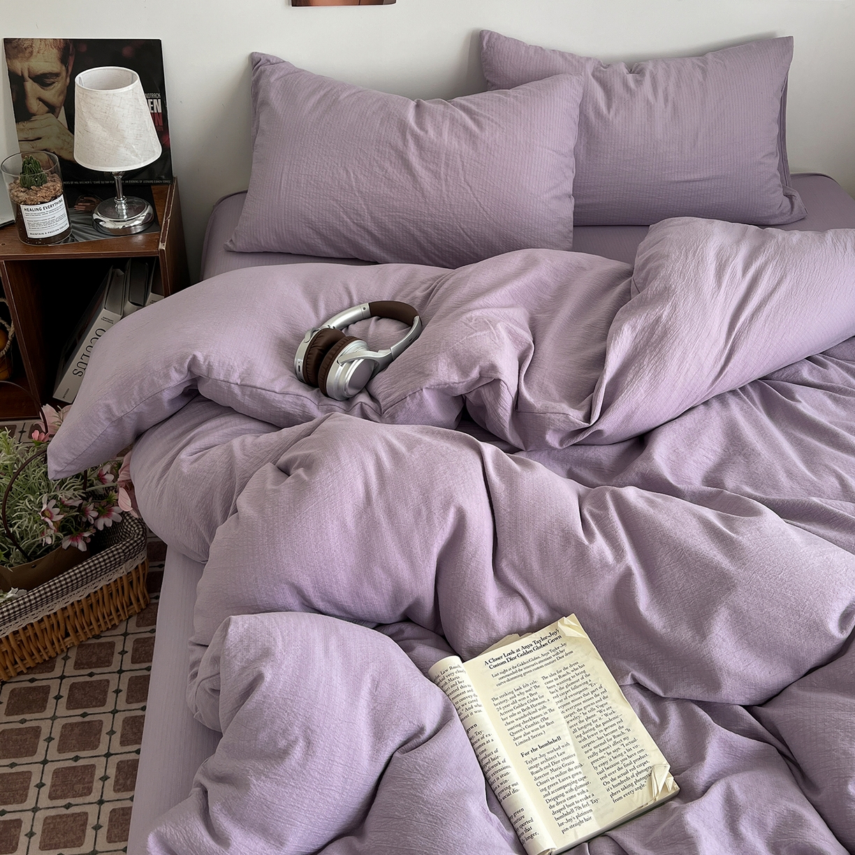 91家纺网 家纺一手货源 找家纺 花伞家居 2026新款简约纯色双拼双层纱高克重水洗棉四件套 风信紫