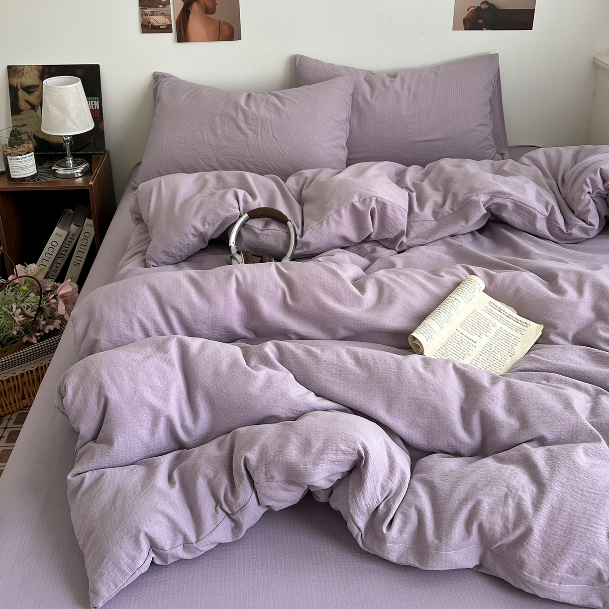 91家纺网 家纺一手货源 找家纺 花伞家居 2026新款简约纯色双拼双层纱高克重水洗棉四件套 风信紫