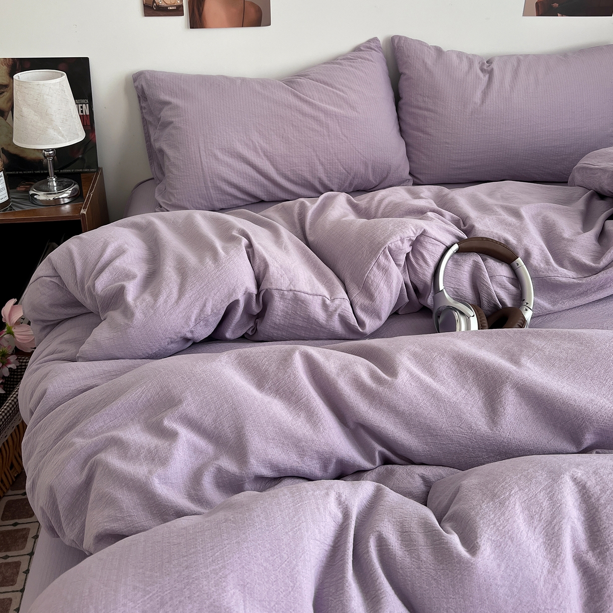 91家纺网 家纺一手货源 找家纺 花伞家居 2026新款简约纯色双拼双层纱高克重水洗棉四件套 风信紫