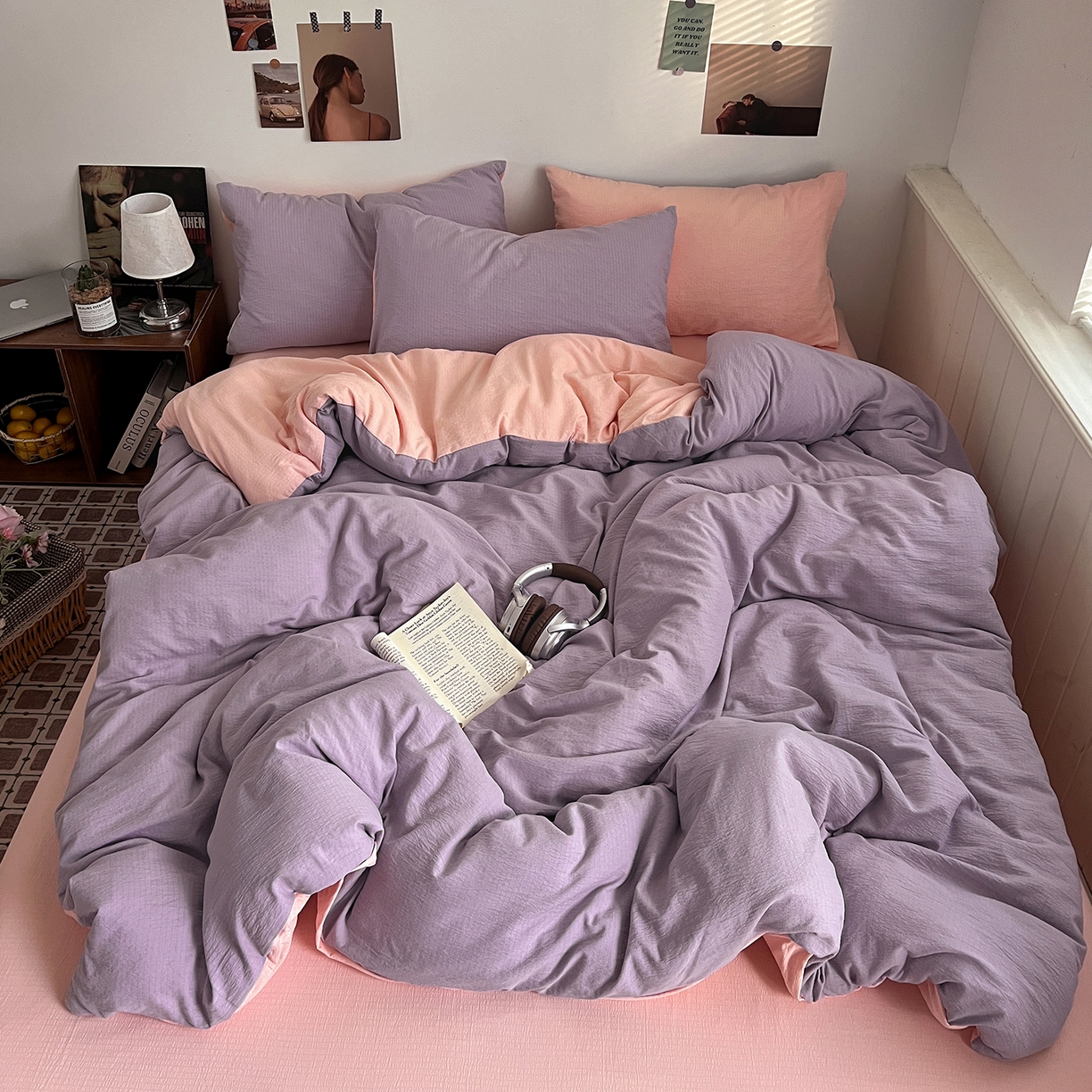 花伞家居 2026新款简约纯色双拼双层纱高克重水洗棉四件套 风信紫+玉色