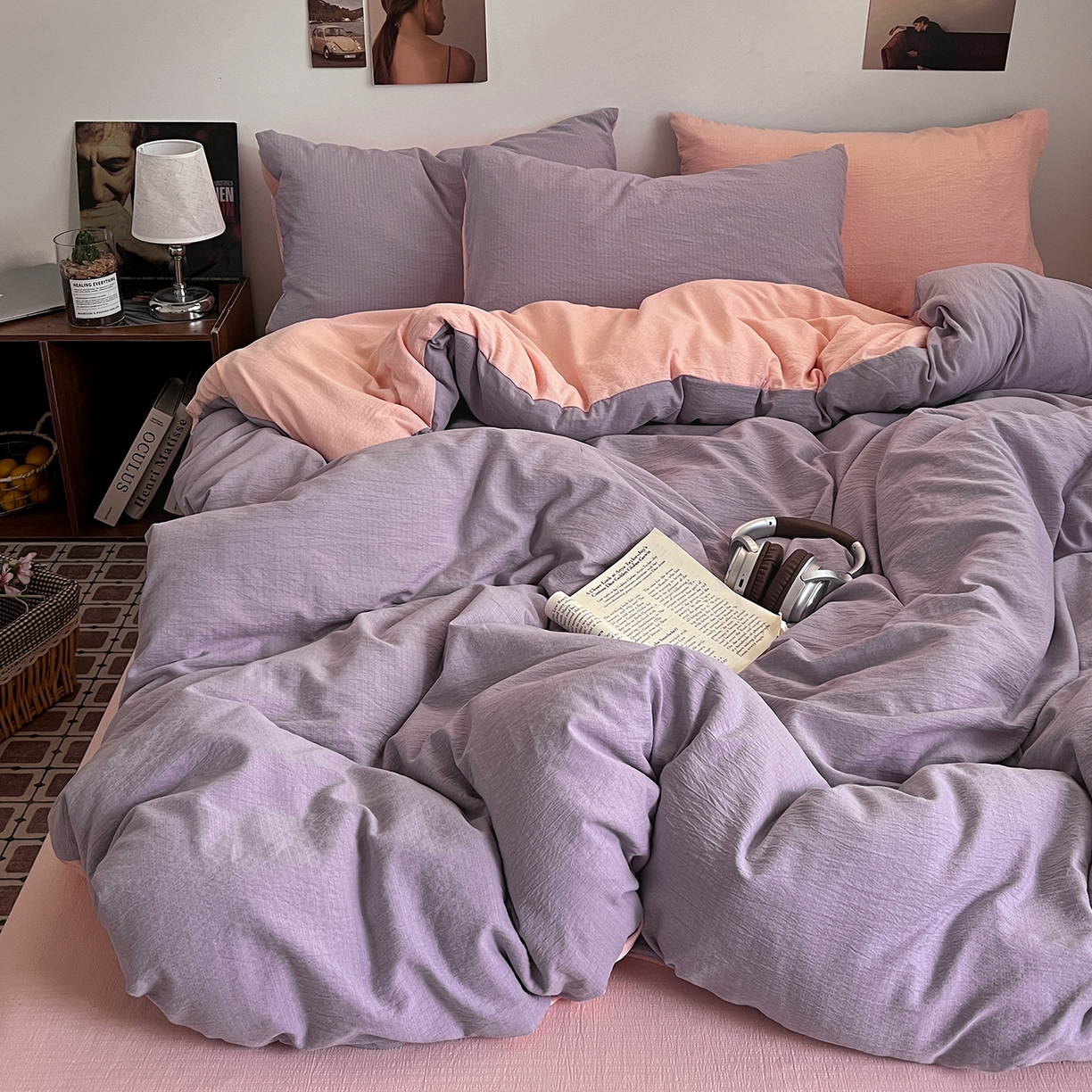 91家纺网 家纺一手货源 找家纺 花伞家居 2026新款简约纯色双拼双层纱高克重水洗棉四件套 风信紫+玉色