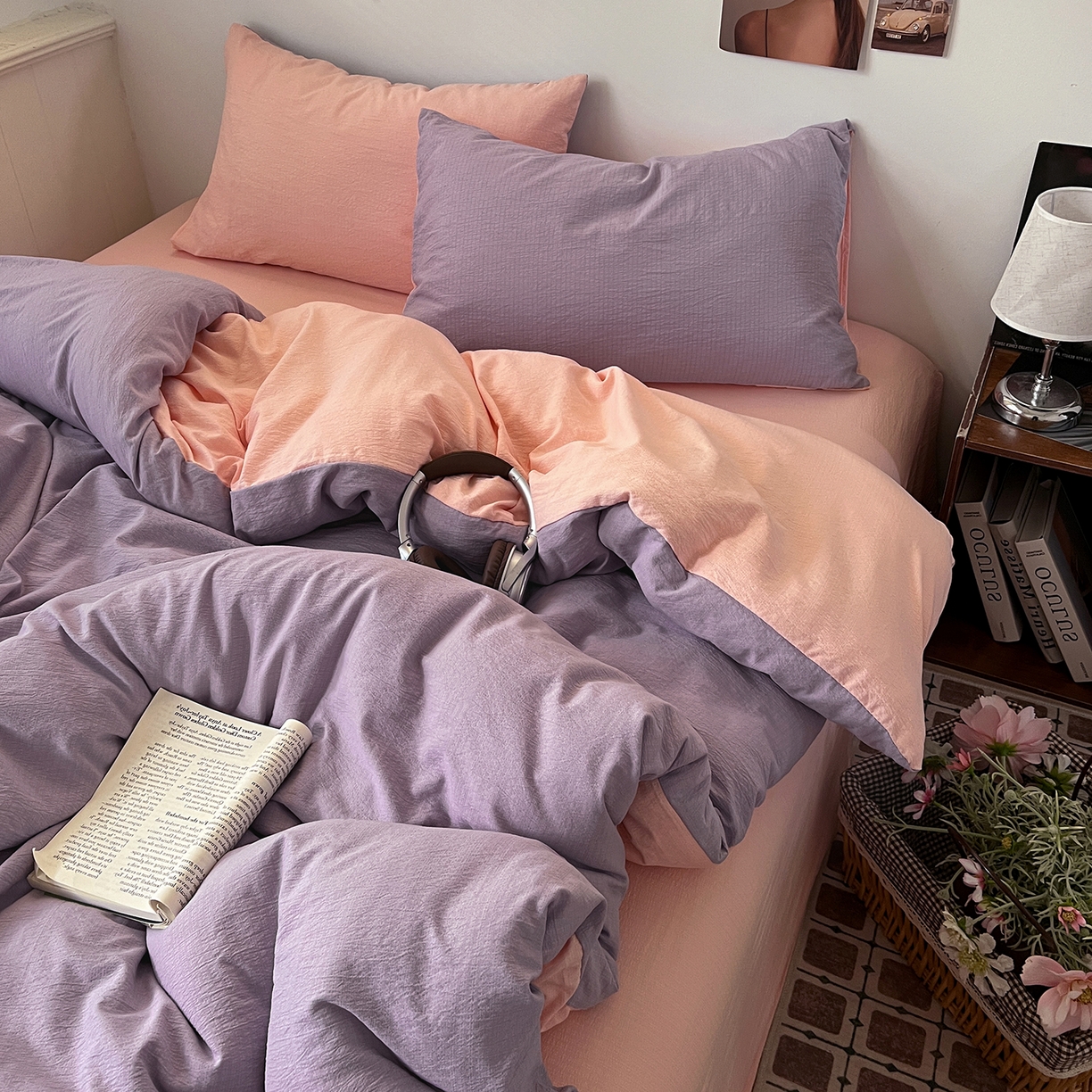 91家纺网 家纺一手货源 找家纺 花伞家居 2026新款简约纯色双拼双层纱高克重水洗棉四件套 风信紫+玉色