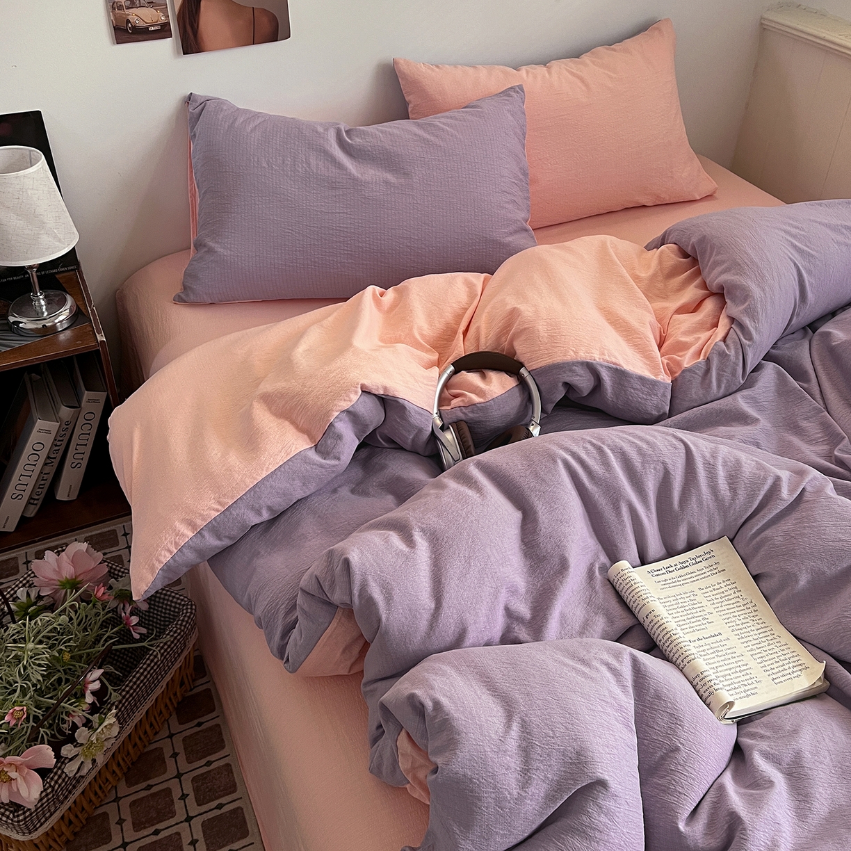 91家纺网 家纺一手货源 找家纺 花伞家居 2026新款简约纯色双拼双层纱高克重水洗棉四件套 风信紫+玉色