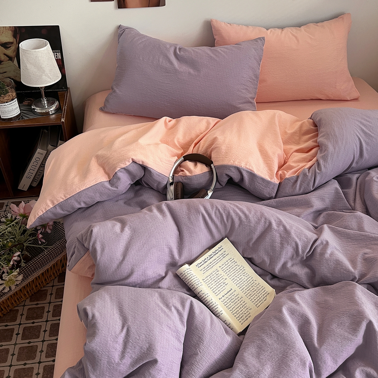 91家纺网 家纺一手货源 找家纺 花伞家居 2026新款简约纯色双拼双层纱高克重水洗棉四件套 风信紫+玉色