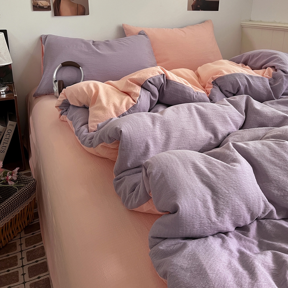 91家纺网 家纺一手货源 找家纺 花伞家居 2026新款简约纯色双拼双层纱高克重水洗棉四件套 风信紫+玉色