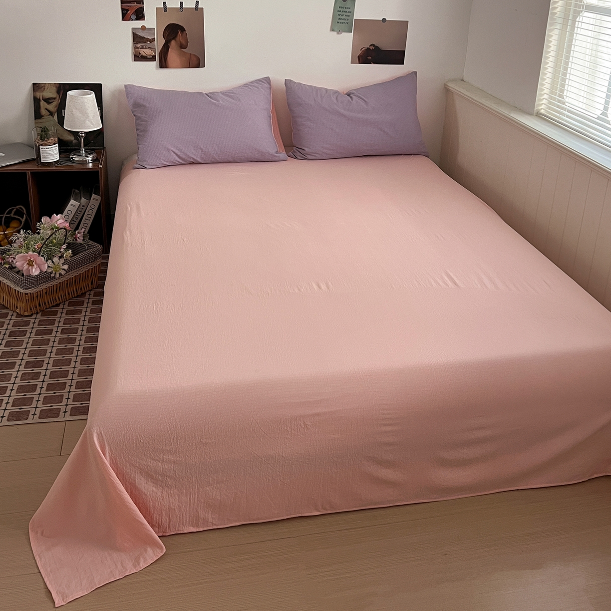 91家纺网 家纺一手货源 找家纺 花伞家居 2026新款简约纯色双拼双层纱高克重水洗棉四件套 风信紫+玉色