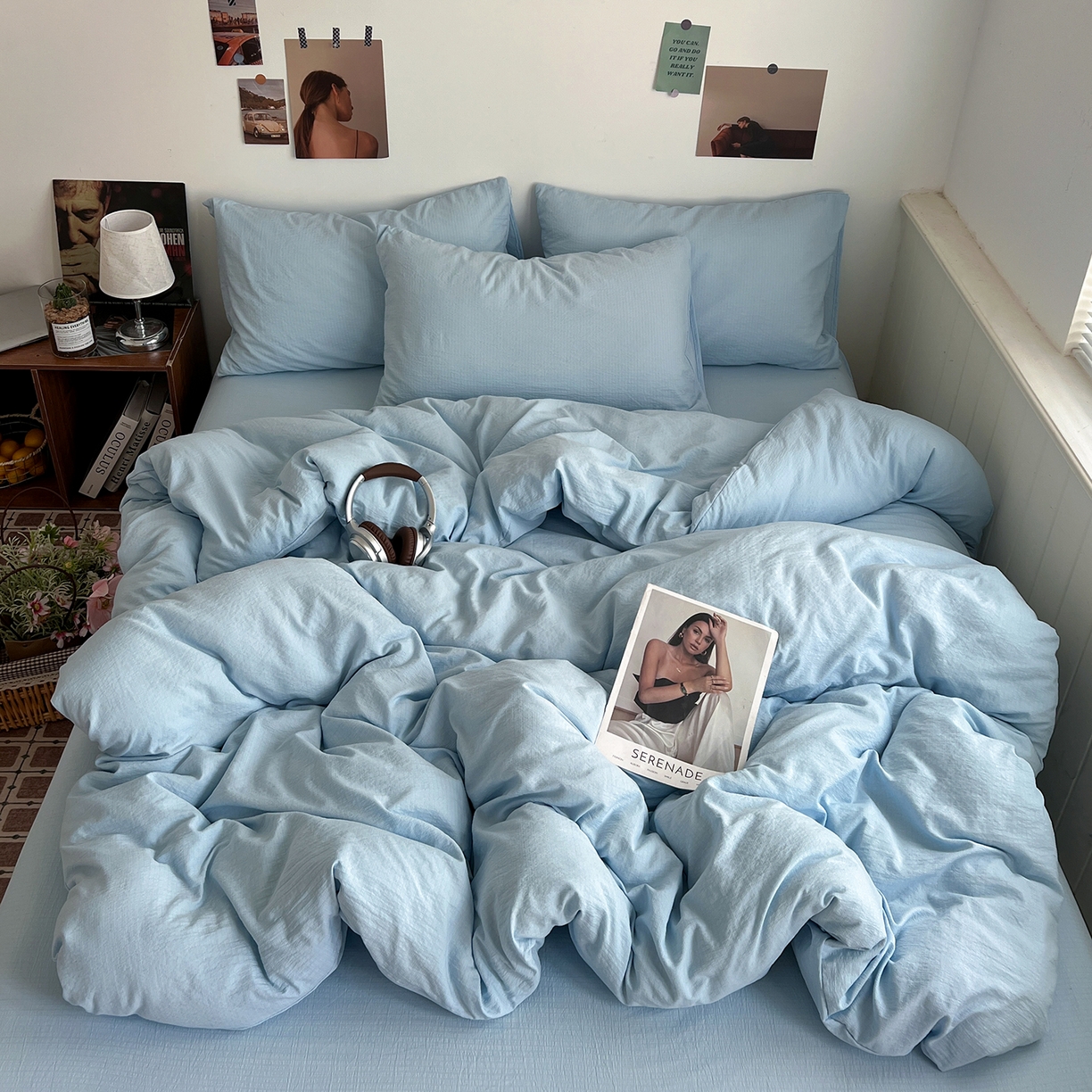 花伞家居 2026新款简约纯色双拼双层纱高克重水洗棉四件套 涧石蓝