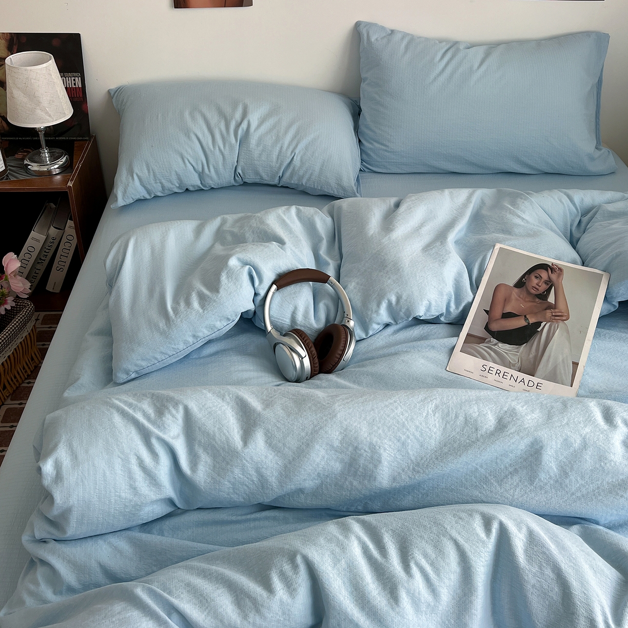 91家纺网 家纺一手货源 找家纺 花伞家居 2026新款简约纯色双拼双层纱高克重水洗棉四件套 涧石蓝