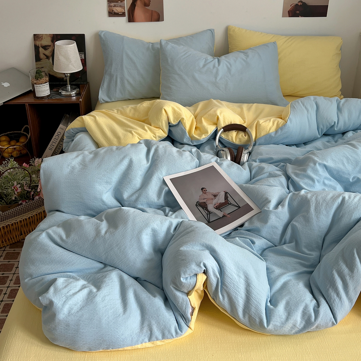 91家纺网 家纺一手货源 找家纺 花伞家居 2026新款简约纯色双拼双层纱高克重水洗棉四件套 涧石蓝+茉莉黄