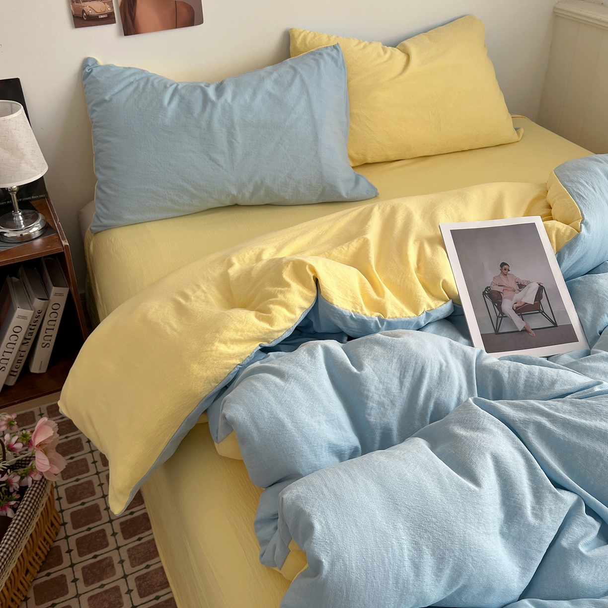 91家纺网 家纺一手货源 找家纺 花伞家居 2026新款简约纯色双拼双层纱高克重水洗棉四件套 涧石蓝+茉莉黄