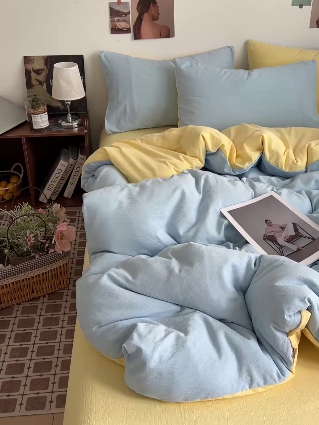 91家纺网 家纺一手货源 找家纺 花伞家居 2026新款简约纯色双拼双层纱高克重水洗棉四件套 涧石蓝+茉莉黄