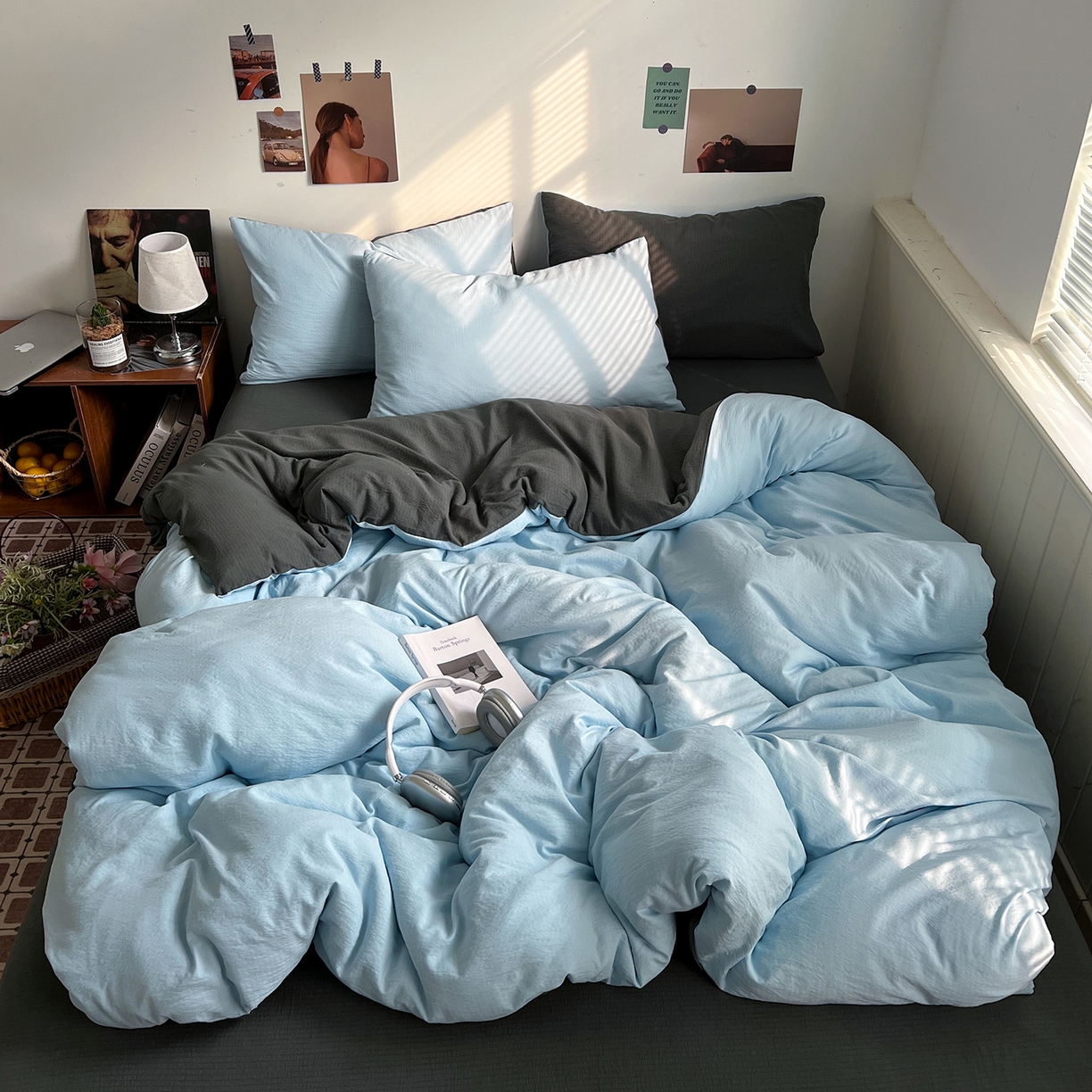 花伞家居 2026新款简约纯色双拼双层纱高克重水洗棉四件套 涧石蓝+石墨灰