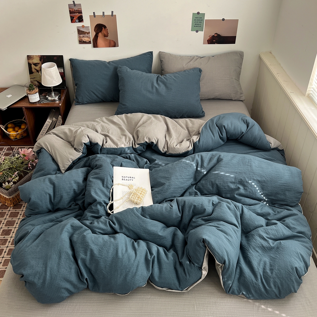 花伞家居 2026新款简约纯色双拼双层纱高克重水洗棉四件套 深邃蓝+松烟灰