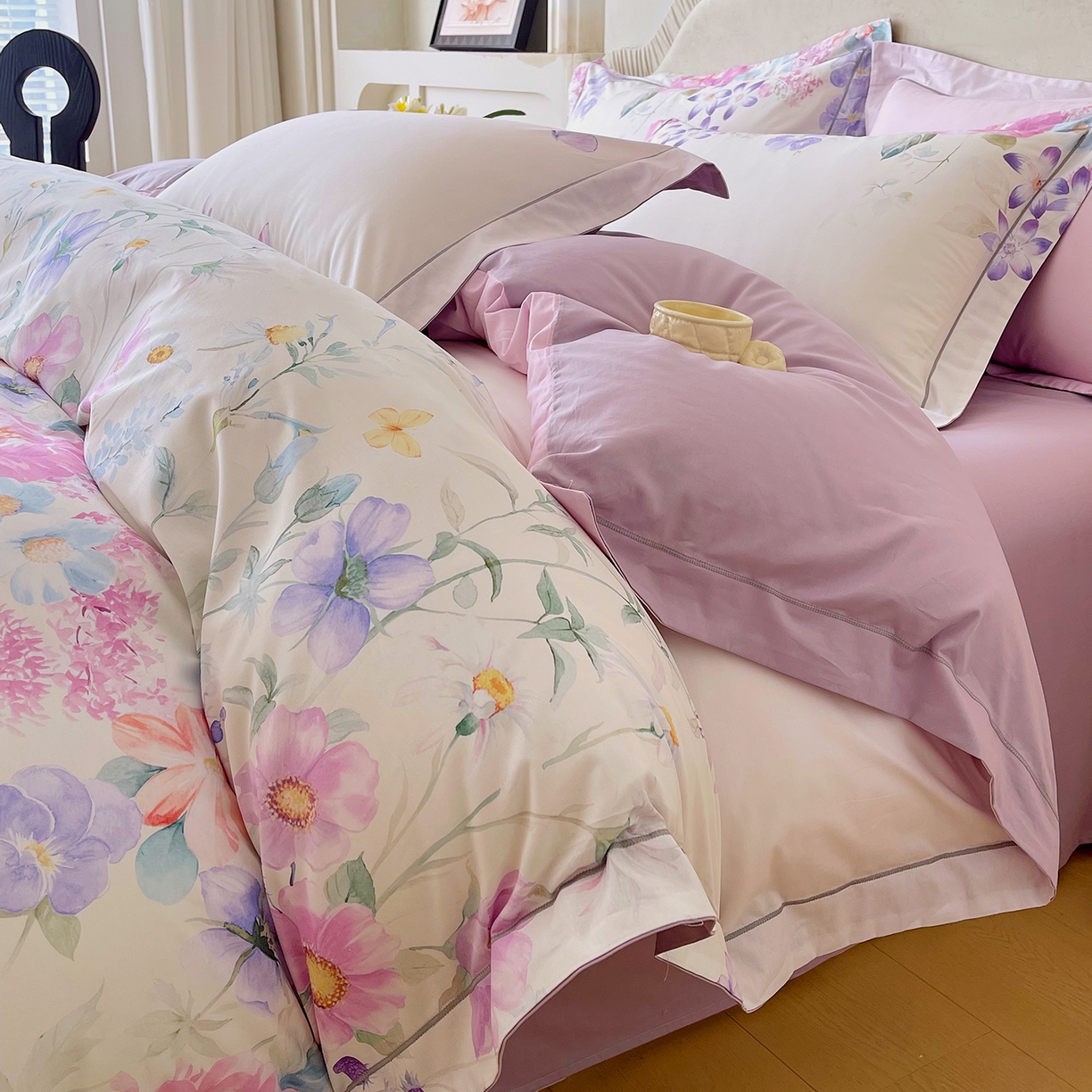 焱博家纺 2026新款A类加厚全棉13376印花四件套 淡彩花园