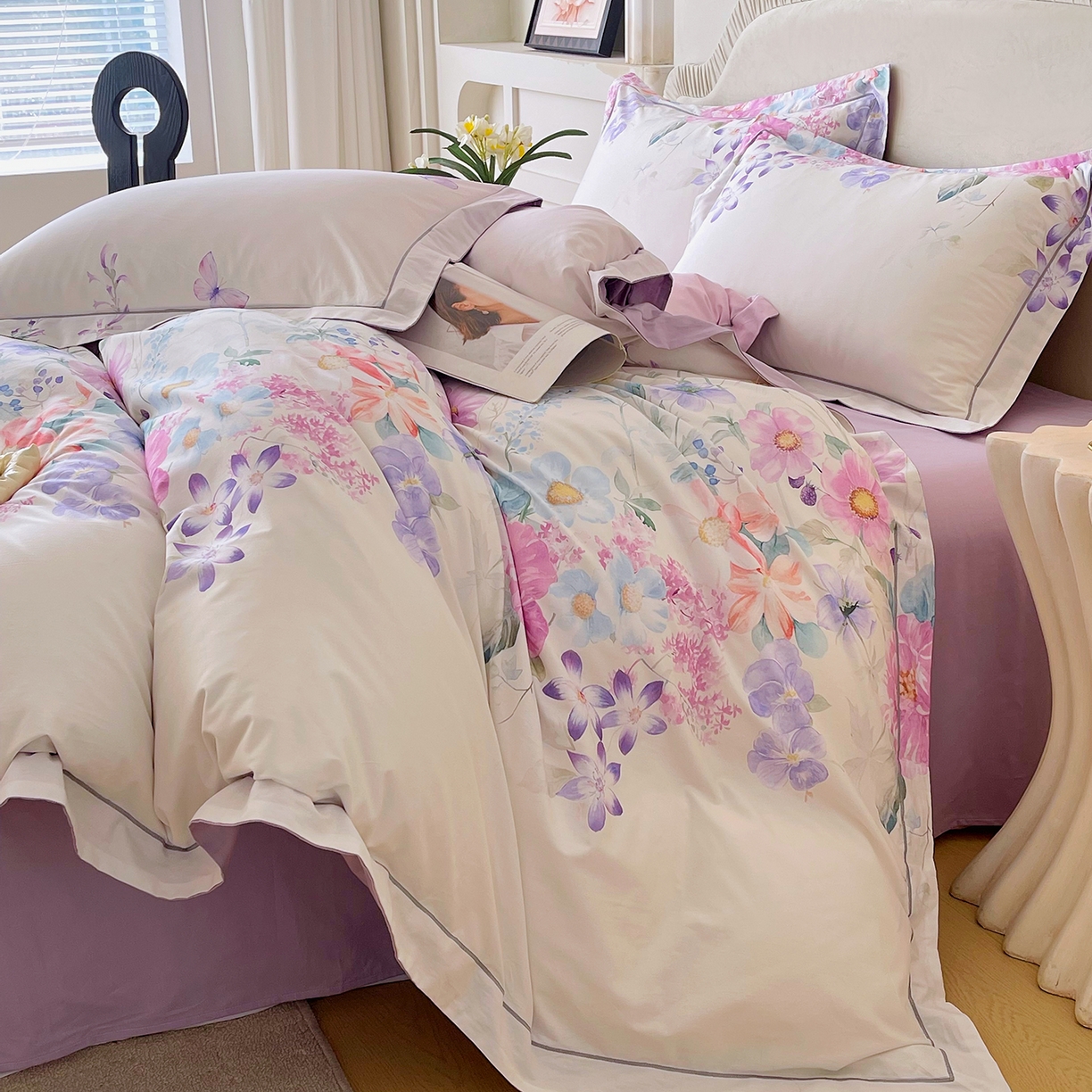 91家纺网 家纺一手货源 找家纺 焱博家纺 2026新款A类加厚全棉13376印花四件套 淡彩花园