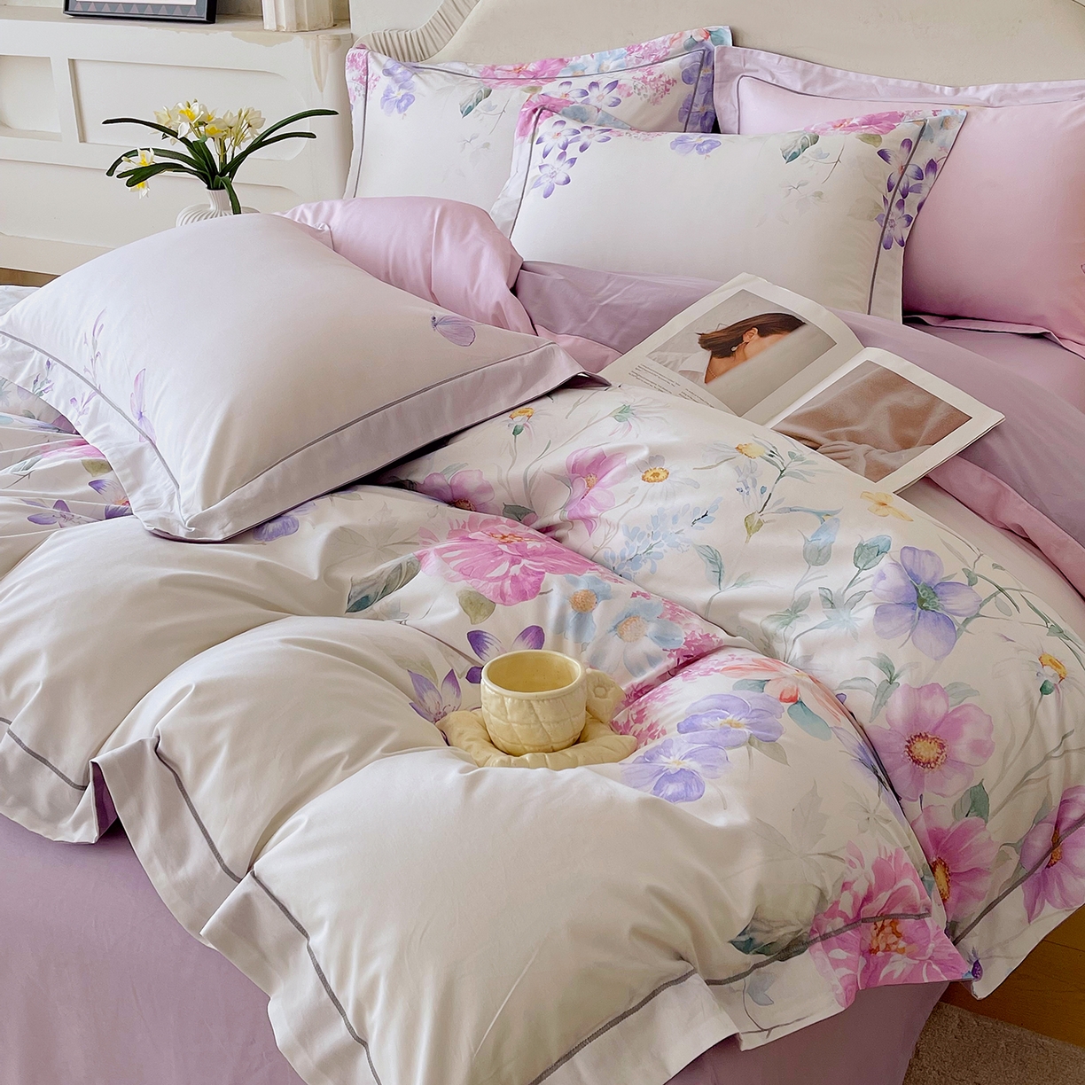 91家纺网 家纺一手货源 找家纺 焱博家纺 2026新款A类加厚全棉13376印花四件套 淡彩花园