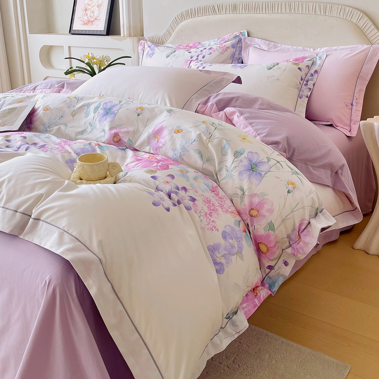 91家纺网 家纺一手货源 找家纺 焱博家纺 2026新款A类加厚全棉13376印花四件套 淡彩花园