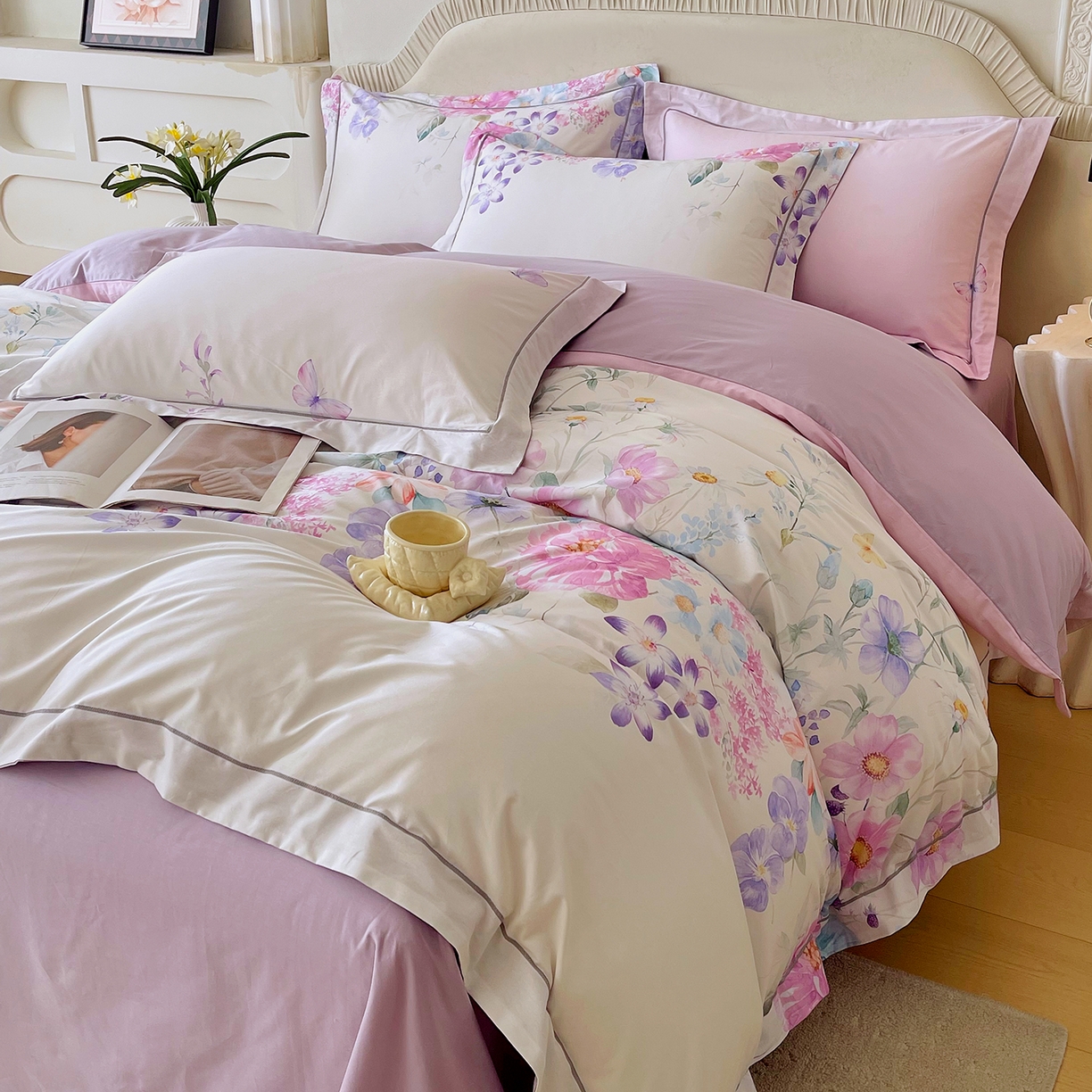 91家纺网 家纺一手货源 找家纺 焱博家纺 2026新款A类加厚全棉13376印花四件套 淡彩花园