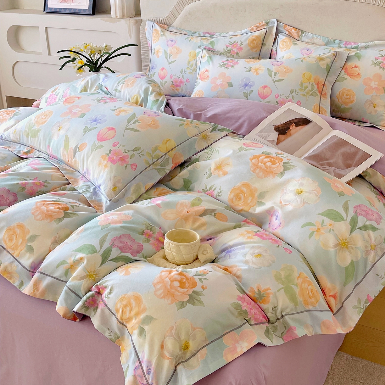 91家纺网 家纺一手货源 找家纺 焱博家纺 2026新款A类加厚全棉13376印花四件套 伊利花园