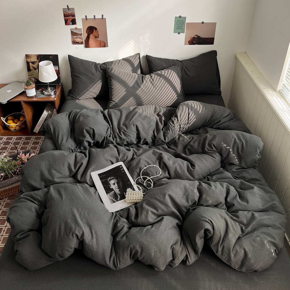 花伞家居 2026新款简约纯色双拼双层纱高克重水洗棉四件套 石墨灰