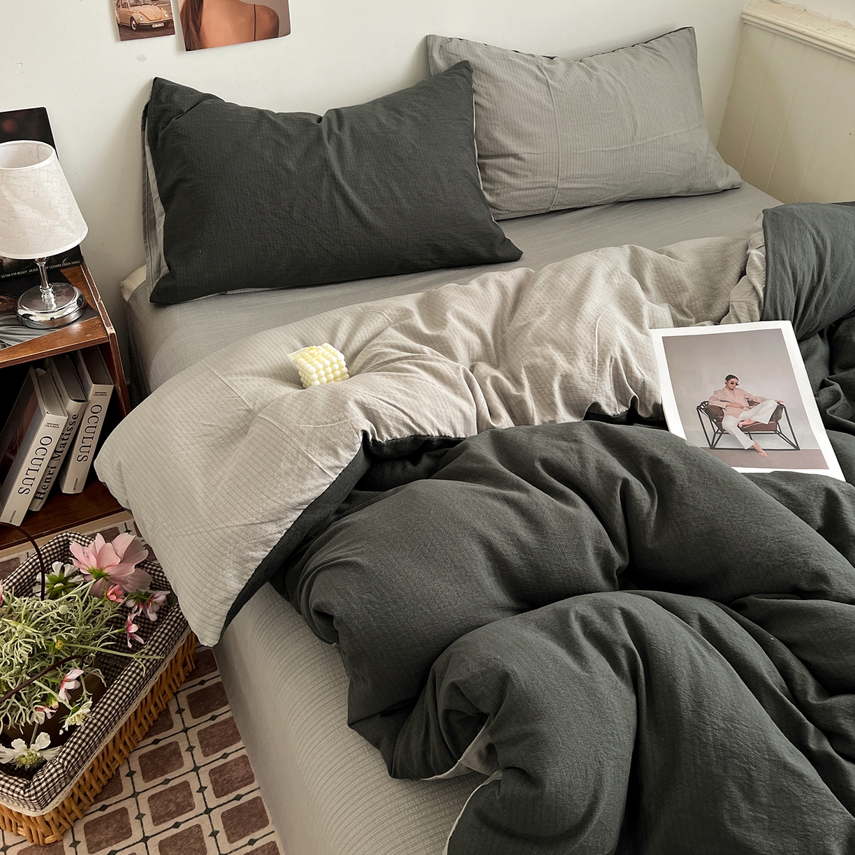 91家纺网 家纺一手货源 找家纺 花伞家居 2026新款简约纯色双拼双层纱高克重水洗棉四件套 石墨灰+松烟灰