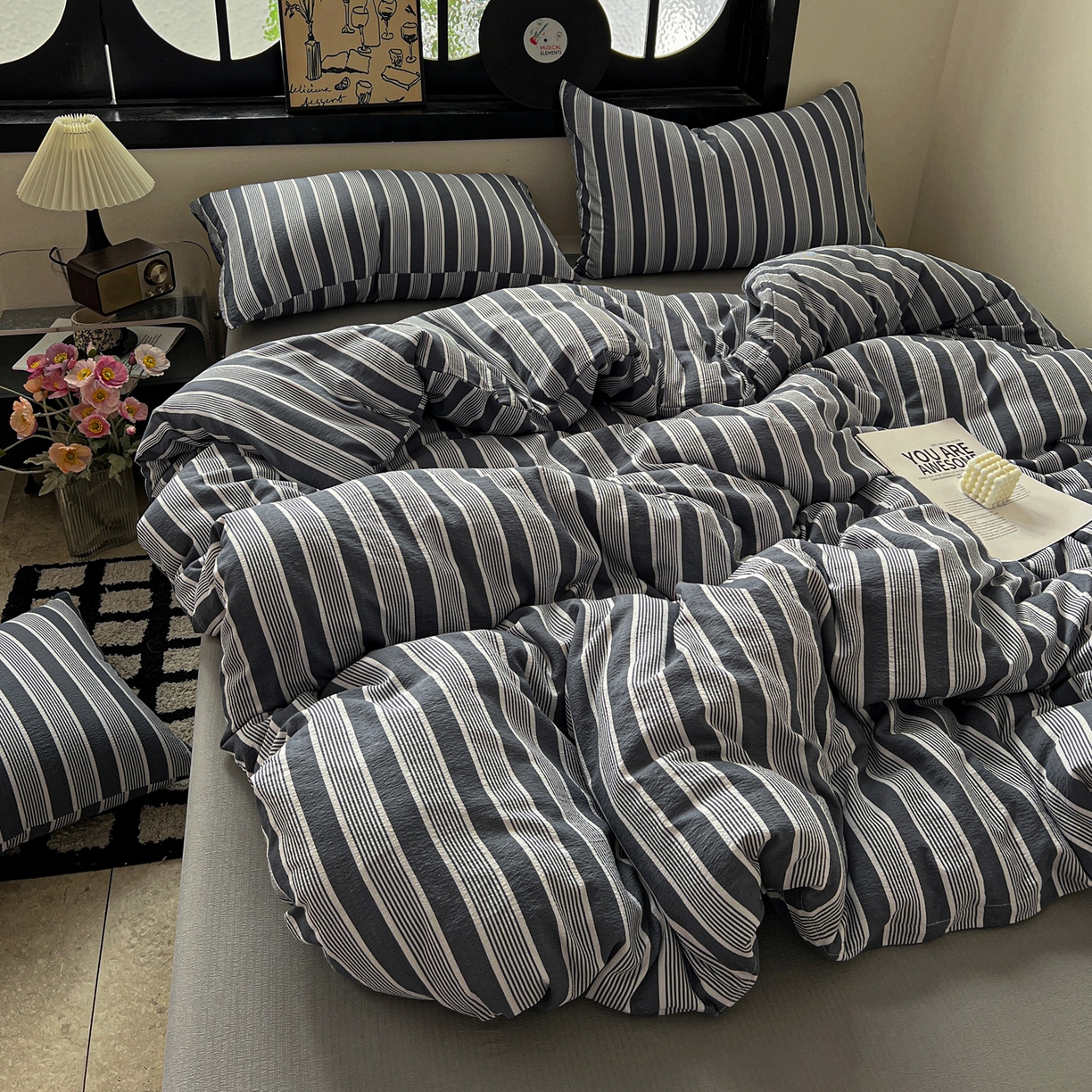 91家纺网 家纺一手货源 找家纺 花伞家居 2026新款中古风双层纱简约格纹系列（提供买家秀） 复古蓝条纹