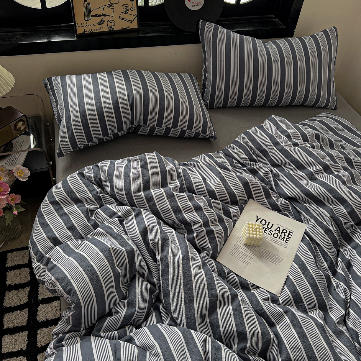 91家纺网 家纺一手货源 找家纺 花伞家居 2026新款中古风双层纱简约格纹系列（提供买家秀） 复古蓝条纹