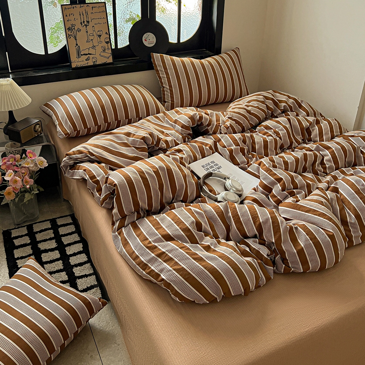 91家纺网 家纺一手货源 找家纺 花伞家居 2026新款中古风双层纱简约格纹系列（提供买家秀） 复古棕条纹