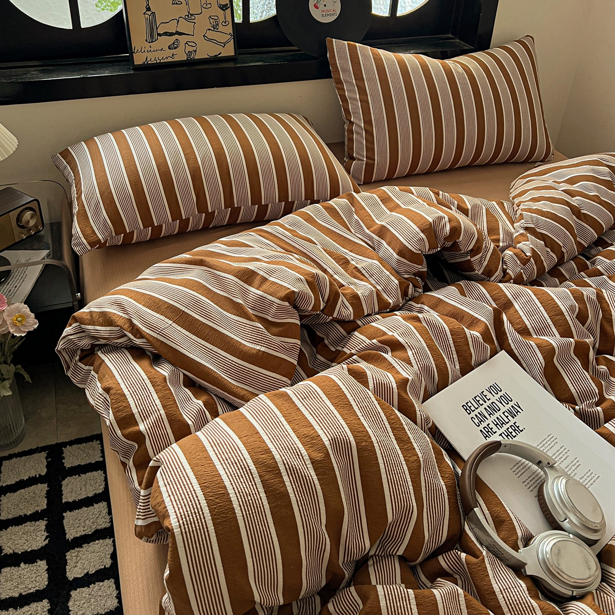 91家纺网 家纺一手货源 找家纺 花伞家居 2026新款中古风双层纱简约格纹系列（提供买家秀） 复古棕条纹