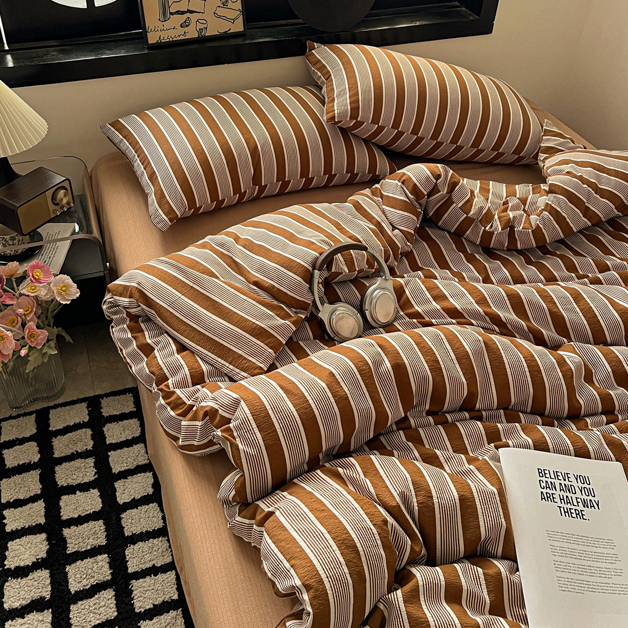 91家纺网 家纺一手货源 找家纺 花伞家居 2026新款中古风双层纱简约格纹系列（提供买家秀） 复古棕条纹