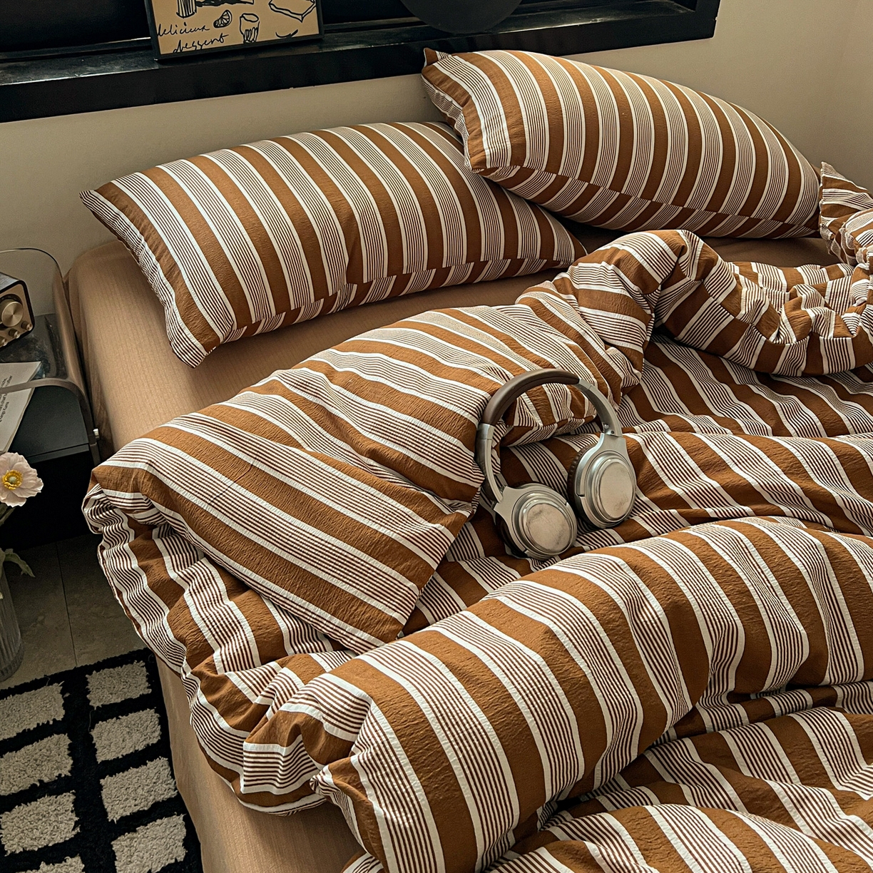 91家纺网 家纺一手货源 找家纺 花伞家居 2026新款中古风双层纱简约格纹系列（提供买家秀） 复古棕条纹