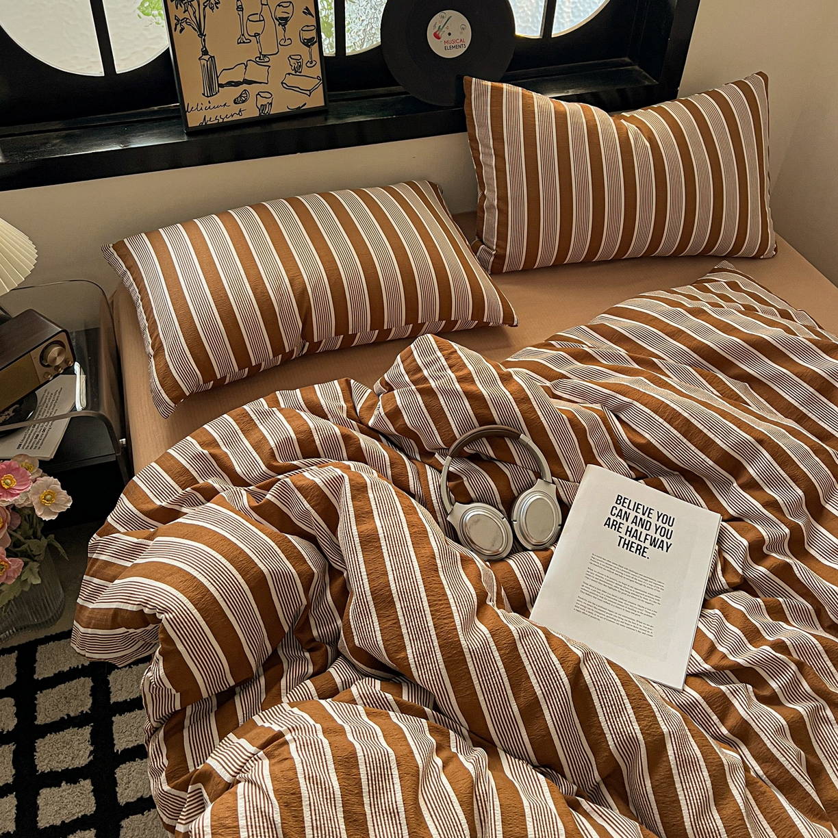 91家纺网 家纺一手货源 找家纺 花伞家居 2026新款中古风双层纱简约格纹系列（提供买家秀） 复古棕条纹