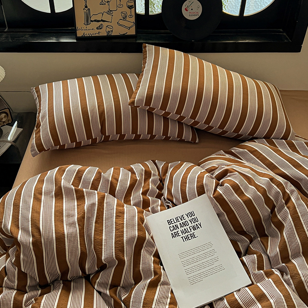 91家纺网 家纺一手货源 找家纺 花伞家居 2026新款中古风双层纱简约格纹系列（提供买家秀） 复古棕条纹