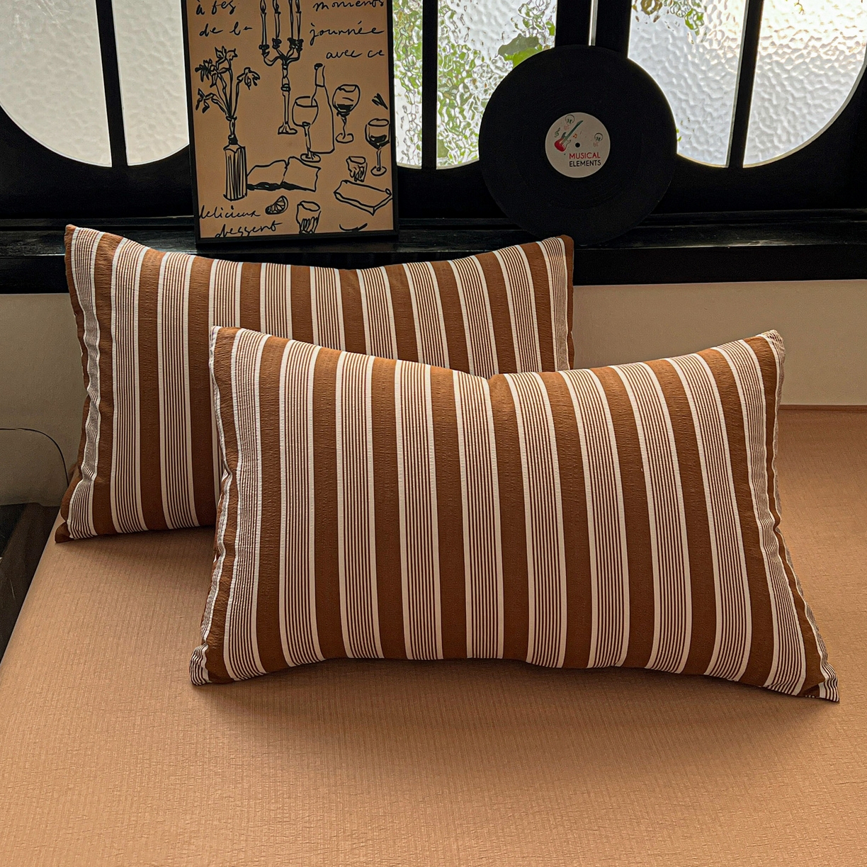 91家纺网 家纺一手货源 找家纺 花伞家居 2026新款中古风双层纱简约格纹系列（提供买家秀） 复古棕条纹