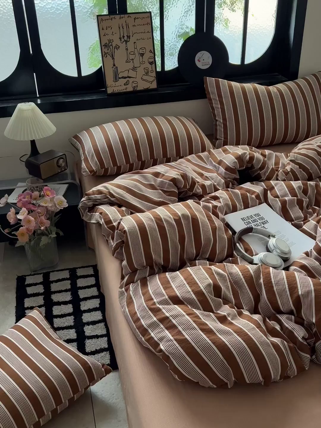 91家纺网 家纺一手货源 找家纺 花伞家居 2026新款中古风双层纱简约格纹系列（提供买家秀） 复古棕条纹