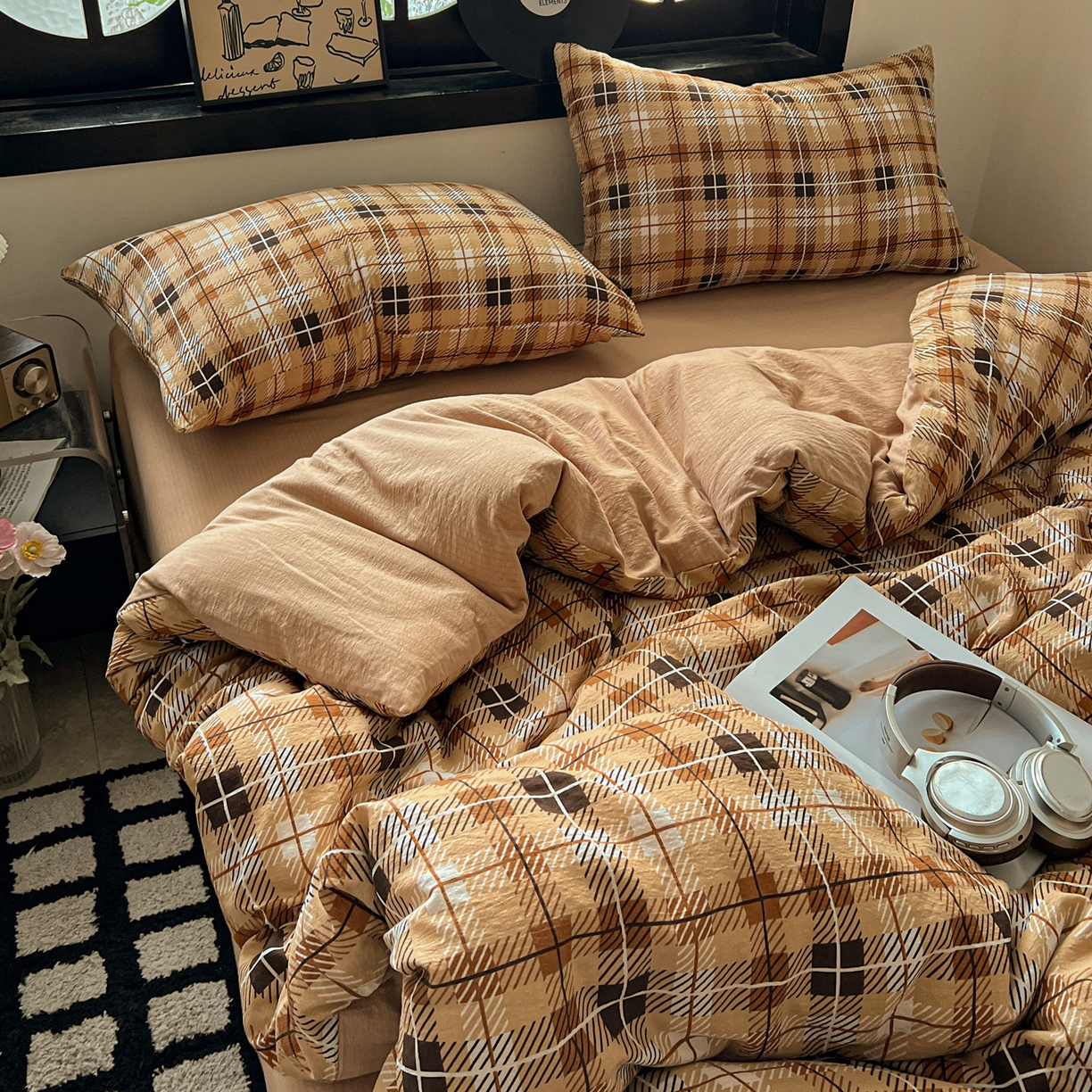 91家纺网 家纺一手货源 找家纺 花伞家居 2026新款中古风双层纱简约格纹系列（提供买家秀） 经典格子