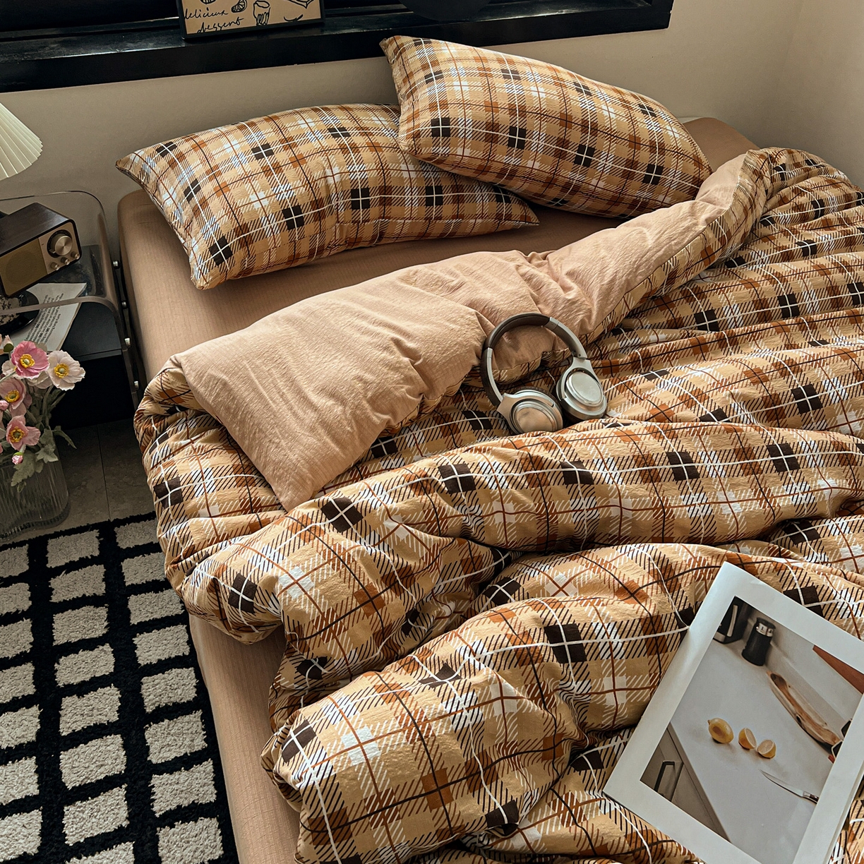 91家纺网 家纺一手货源 找家纺 花伞家居 2026新款中古风双层纱简约格纹系列（提供买家秀） 经典格子