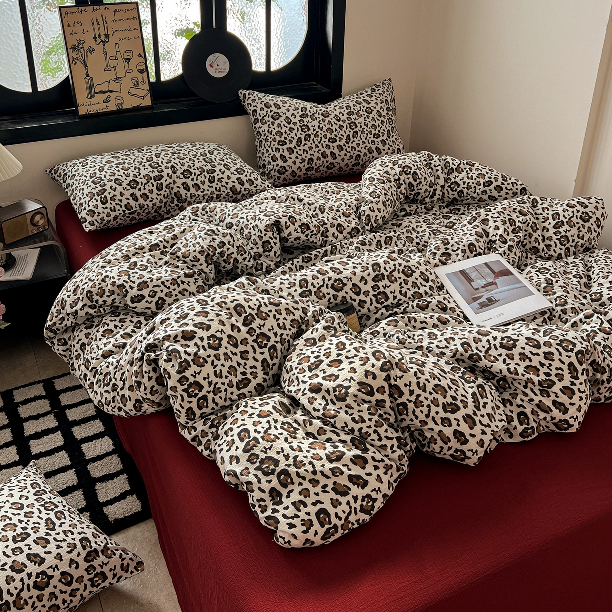 91家纺网 家纺一手货源 找家纺 花伞家居 2026新款中古风双层纱简约格纹系列（提供买家秀） 卡其豹纹