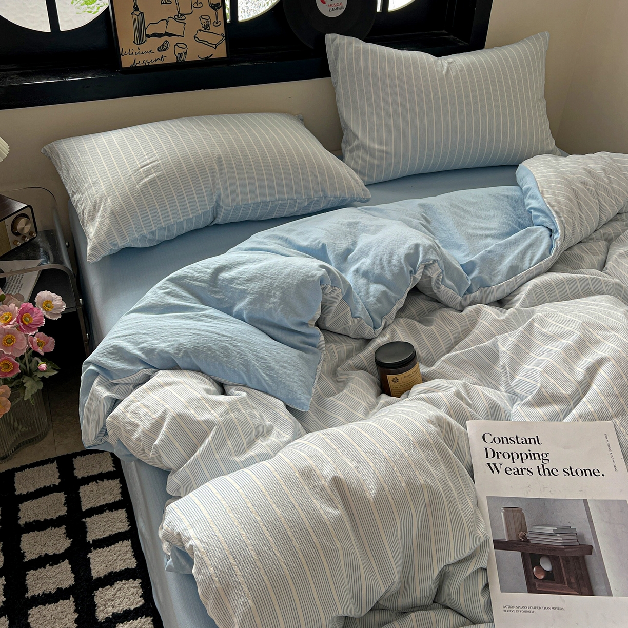 91家纺网 家纺一手货源 找家纺 花伞家居 2026新款中古风双层纱简约格纹系列（提供买家秀） 奶蓝细条