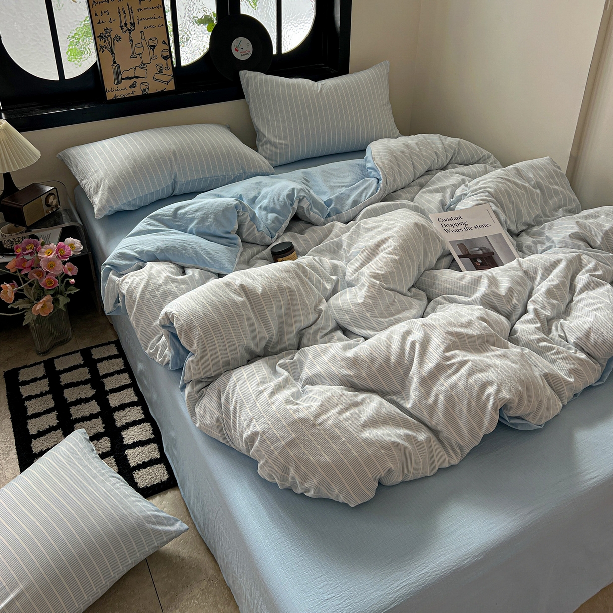 91家纺网 家纺一手货源 找家纺 花伞家居 2026新款中古风双层纱简约格纹系列（提供买家秀） 奶蓝细条