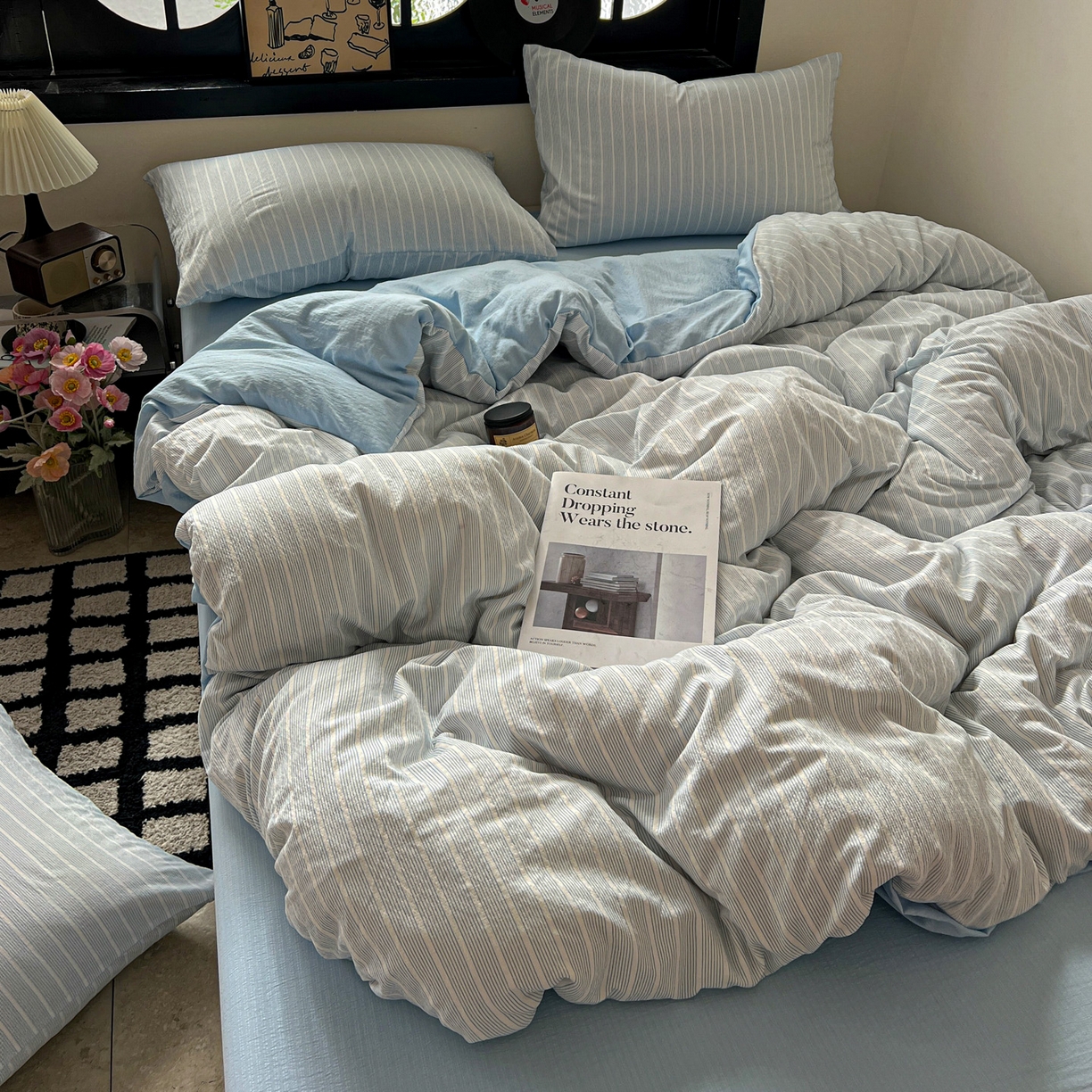 91家纺网 家纺一手货源 找家纺 花伞家居 2026新款中古风双层纱简约格纹系列（提供买家秀） 奶蓝细条