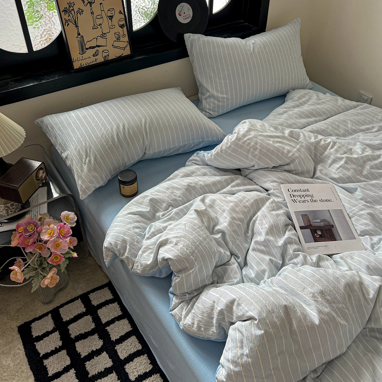 91家纺网 家纺一手货源 找家纺 花伞家居 2026新款中古风双层纱简约格纹系列（提供买家秀） 奶蓝细条